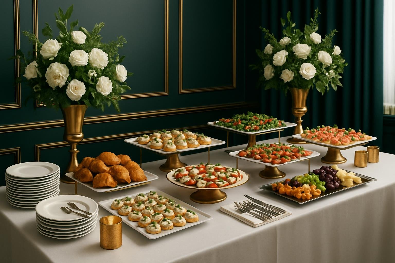 Meja prasmanan katering dengan dekorasi formal dan hidangan tersusun rapi