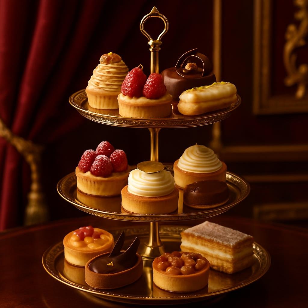 Meja hidangan pencuci mulut bertingkat dengan dekorasi emas dan merah marun