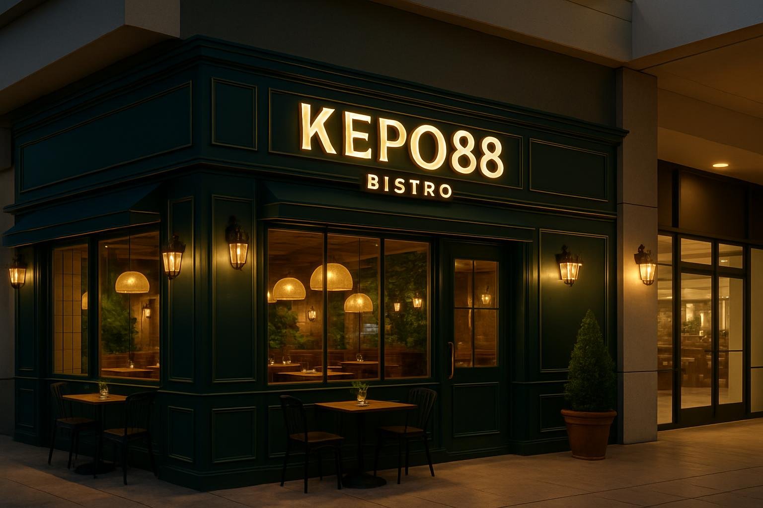 Tampilan luar restoran KEPO88 Bistro di pusat perbelanjaan dengan pencahayaan senja