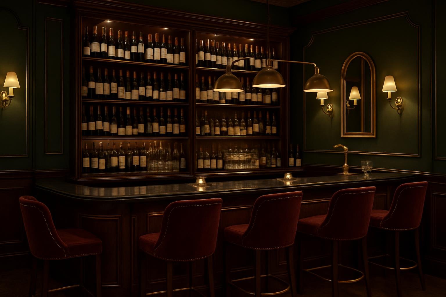 Bar area modern dengan koleksi wine premium dan pencahayaan ambient