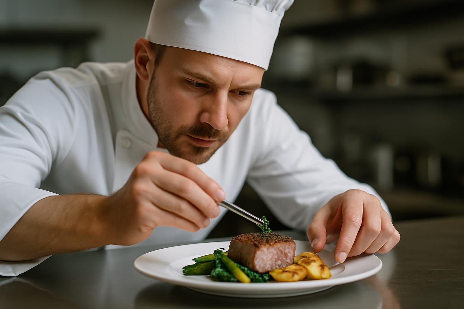 Chef profesional menyiapkan hidangan dengan teknik sempurna untuk katering