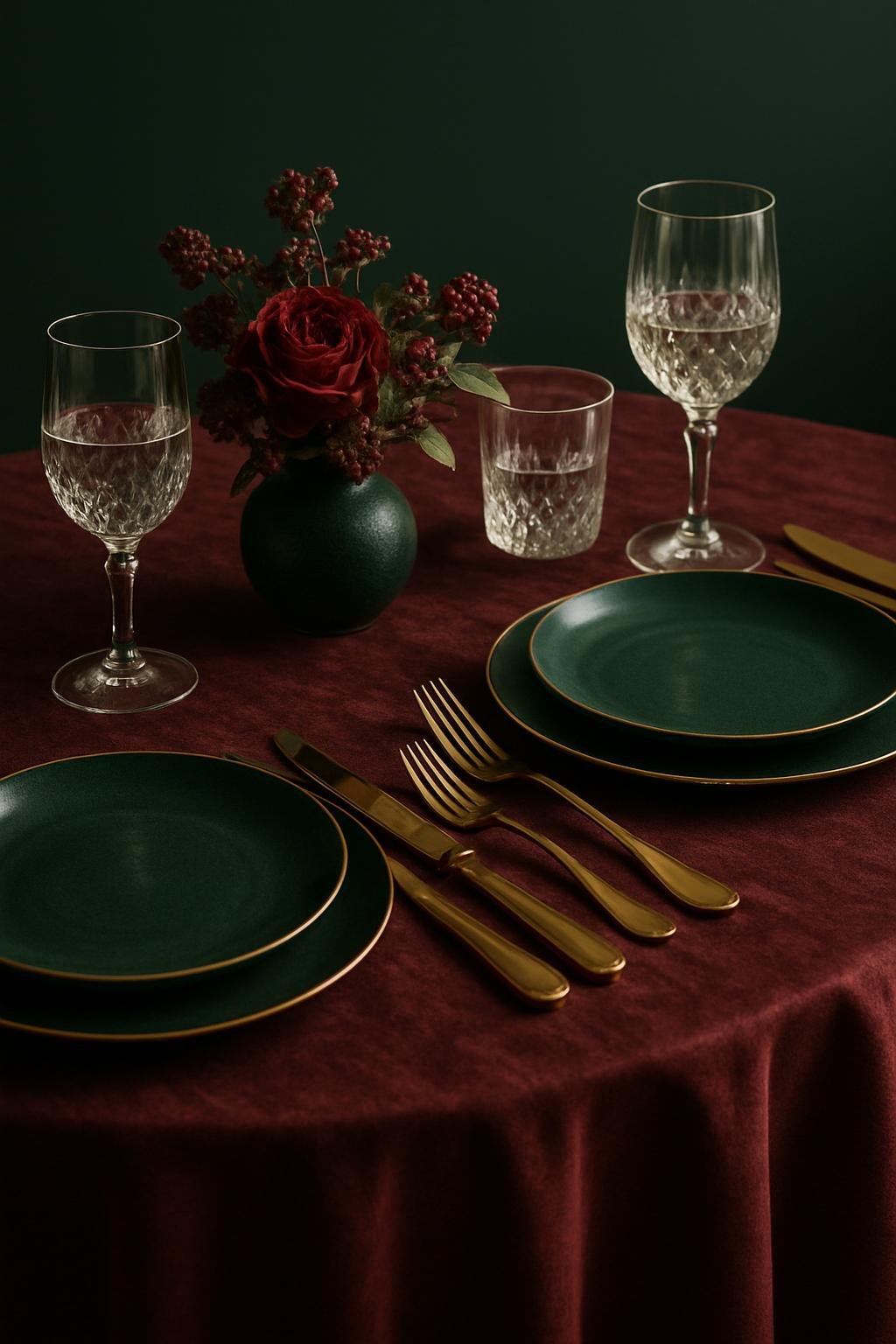 Tata letak meja elegan dengan peralatan makan dan dekorasi bunga