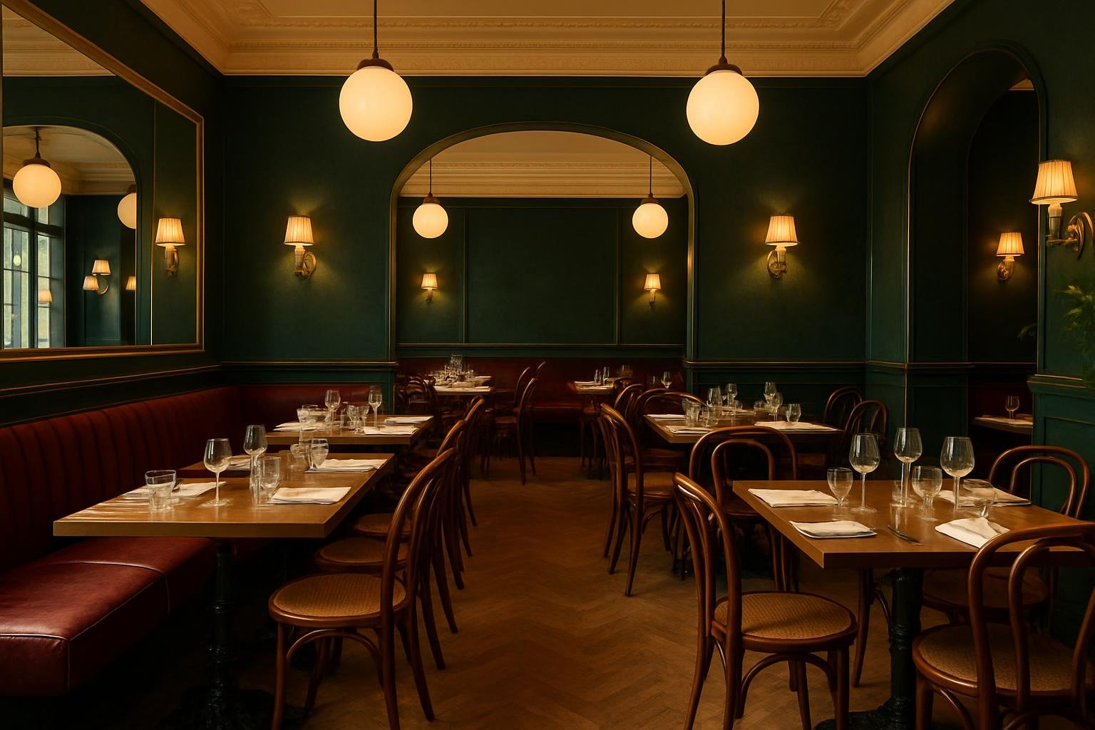 Interior KEPO88 Bistro dengan meja makan elegan dan pencahayaan hangat