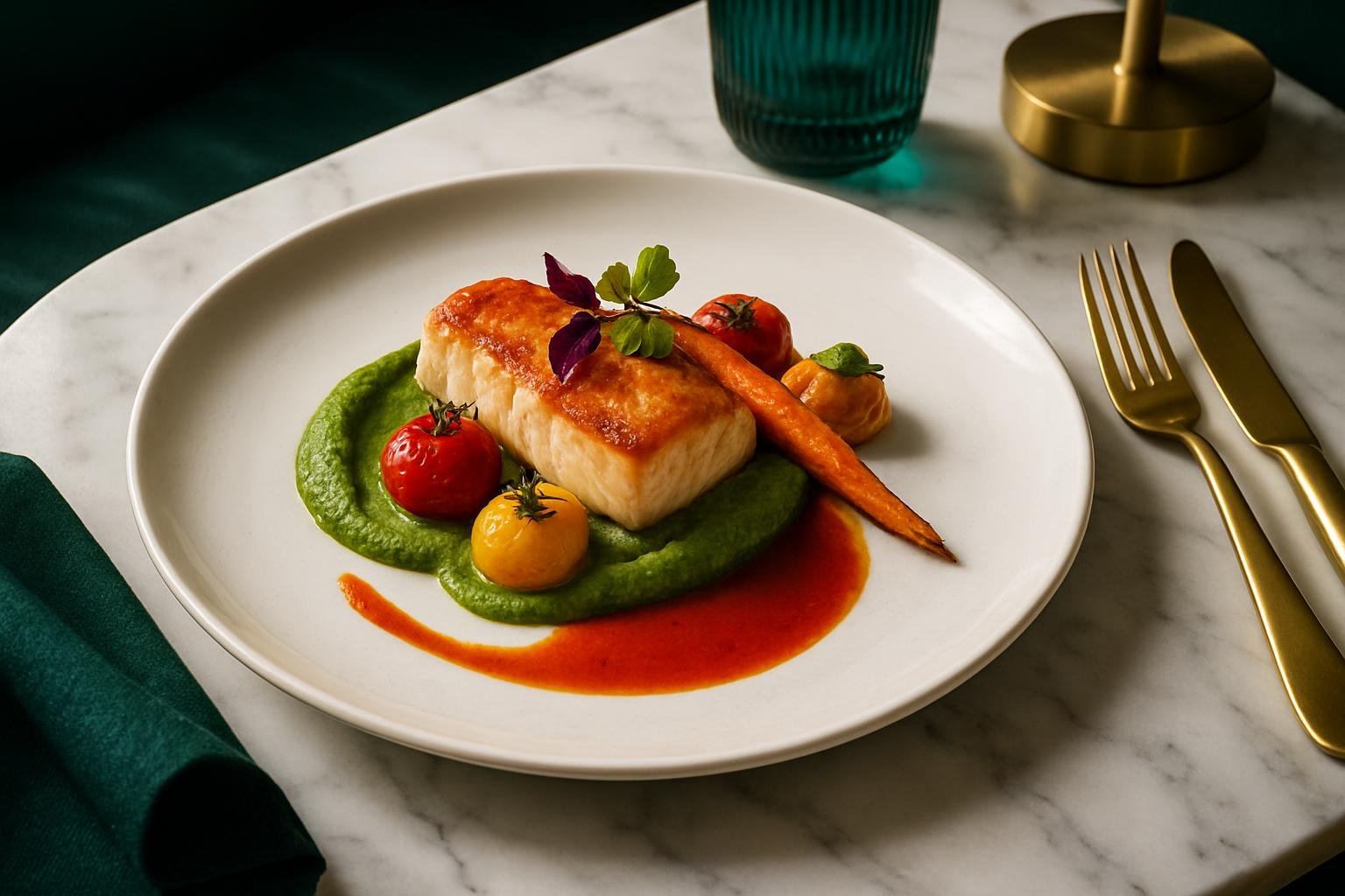 Hidangan Prancis modern dengan presentasi artistik untuk katering